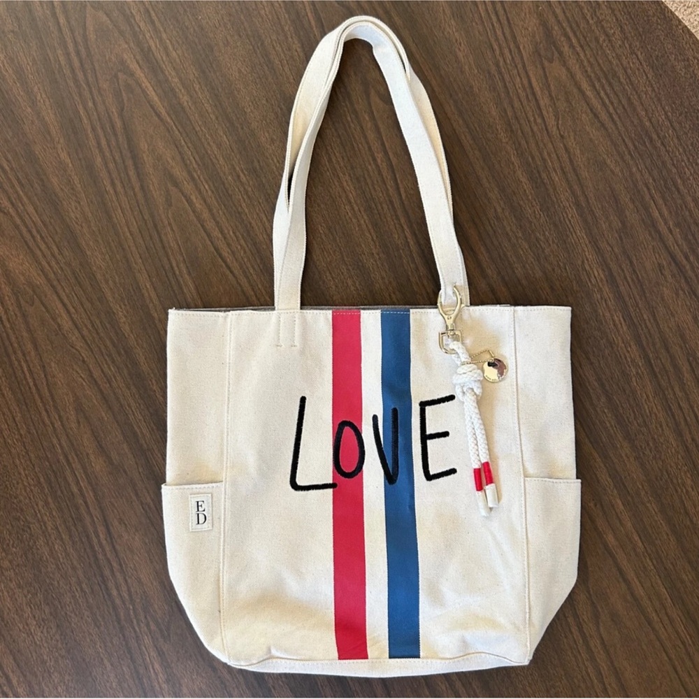 ED Ellen Degeneres LOVE Stripe Tote Bag Canvas Oatmeal Bag Charms OAX Red Blue